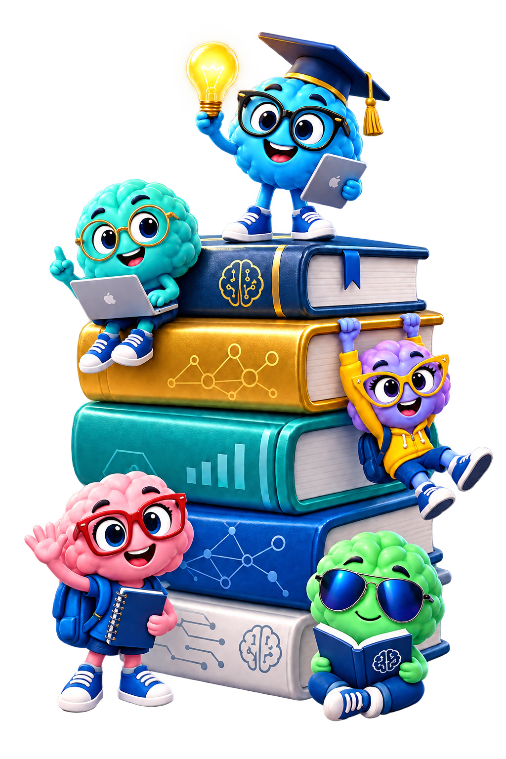 Cartoon brain characters climbing around a stack of books