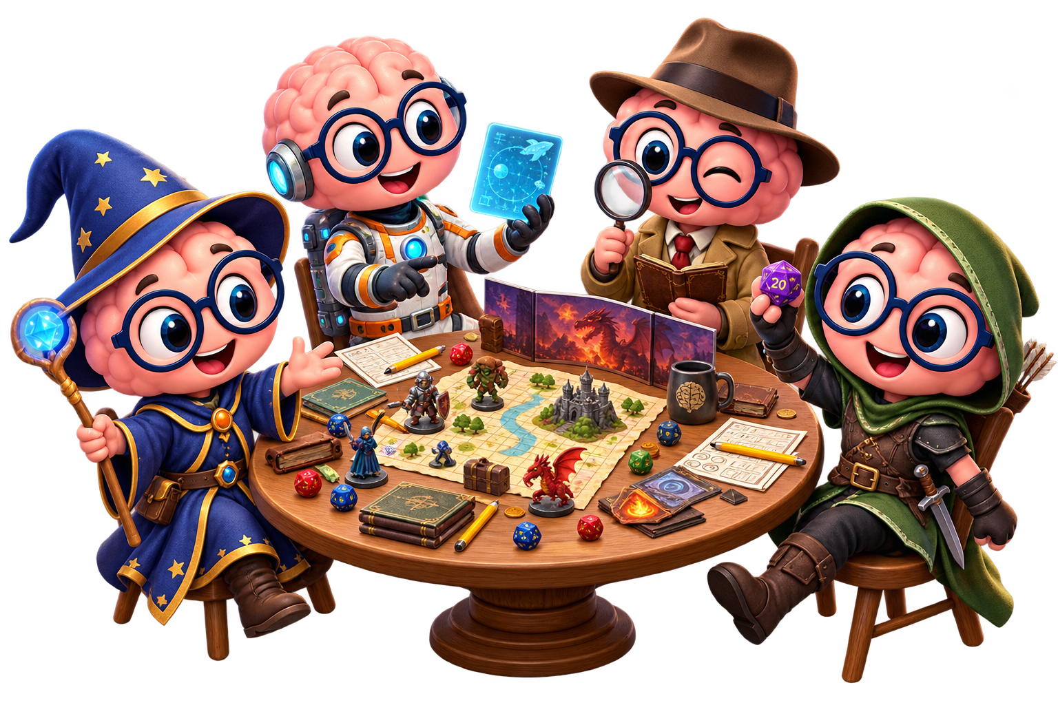 Brainiac mascots in sci-fi, detective, and medieval costumes gathered around a tabletop role-playing game table