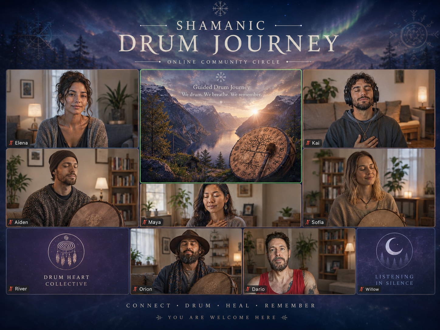 Illustrated online shamanic drum journey community circle